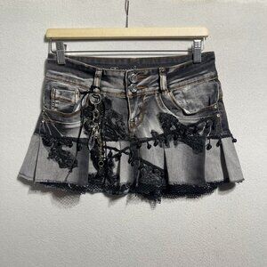Reworked handmade upcycled mini pleated denim skirt